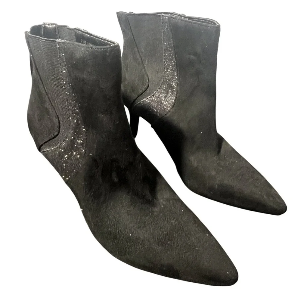 Aerosoles A2 Black Suede-like Ankle Boots Booties US 6.5 Pointed Toe Kitten Heel